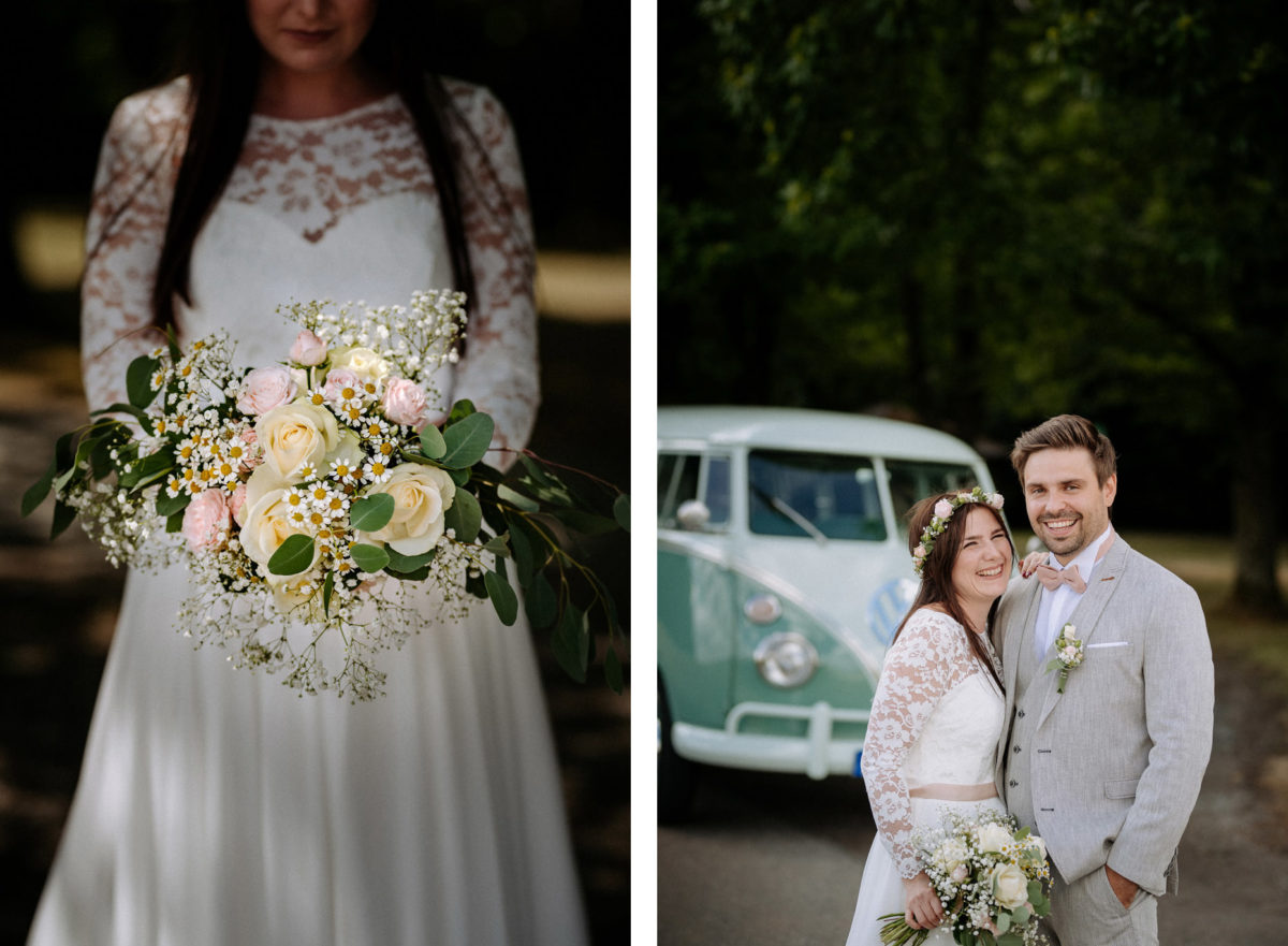 Brautstrauß, Braut, Brautkleid, Spitze, Blumen, Rosen, Lachen, Brautpaar, Bulli, VW, Hochzeit, heiraten